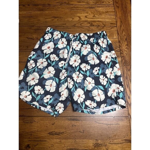 OLD Navy Mens White Blue Hawaiian Floral Swim Trunks Pockets Shorts 8"Inseam EUC - Picture 1 of 6